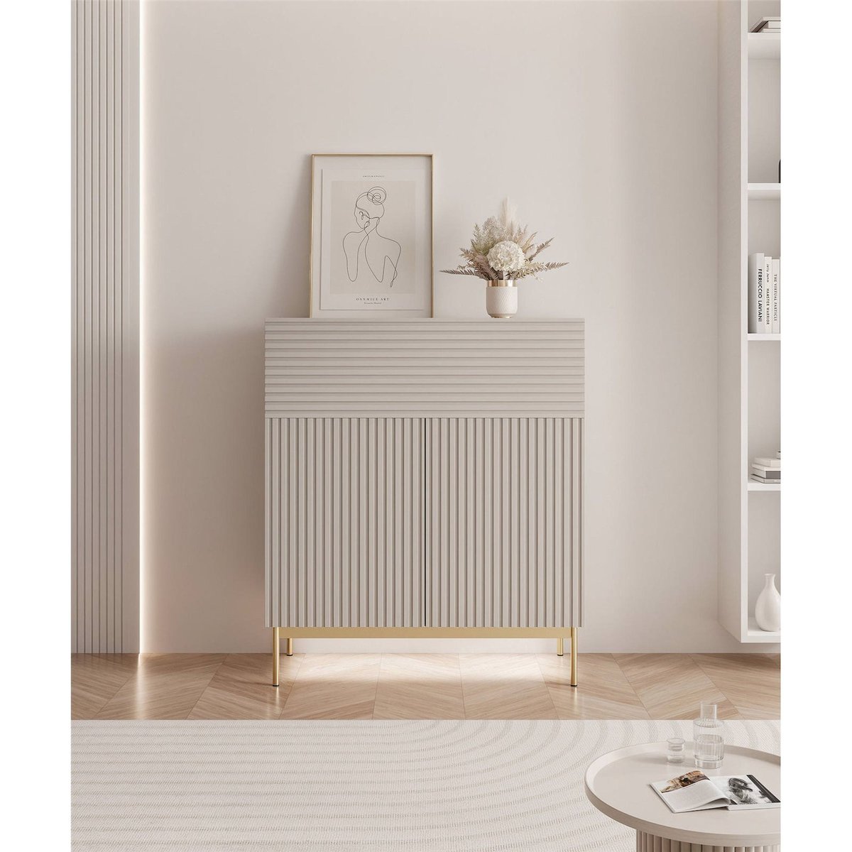 Commode haute rainurée LINEARIS avec éclairage LED cachemire et doré, RECOLLECTION