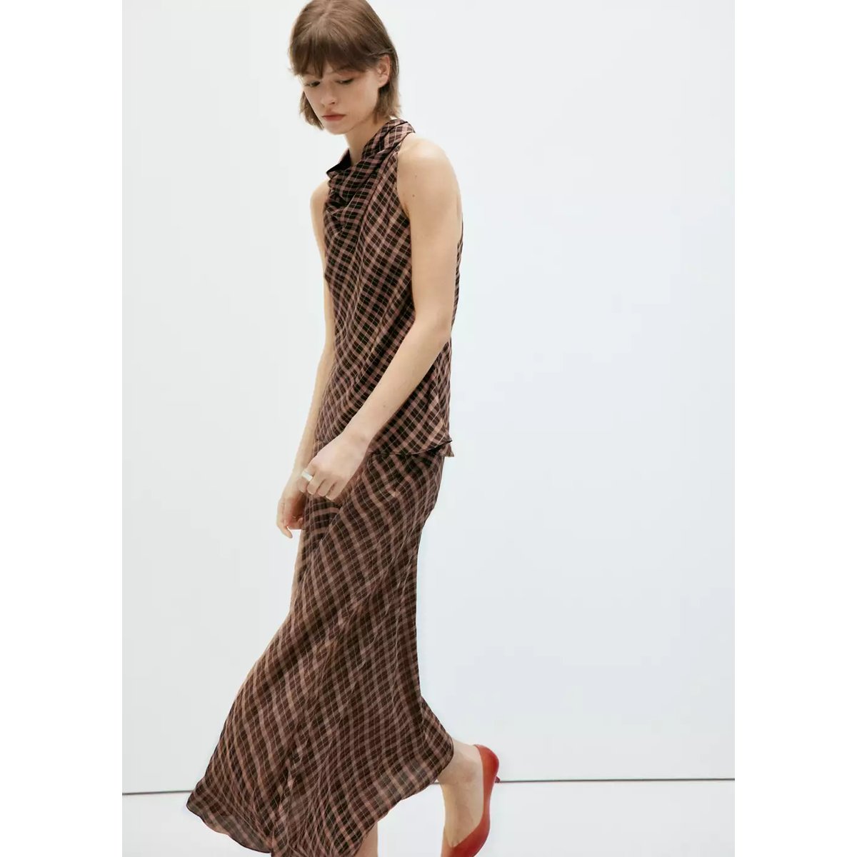 Jupe asymétrique carreaux marron, MANGO