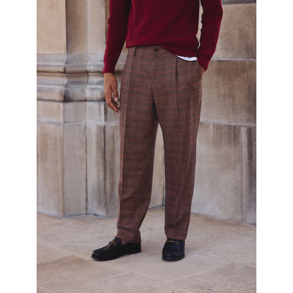 Pantalon de costume slim en laine à carreaux beige/rouge, NEXT