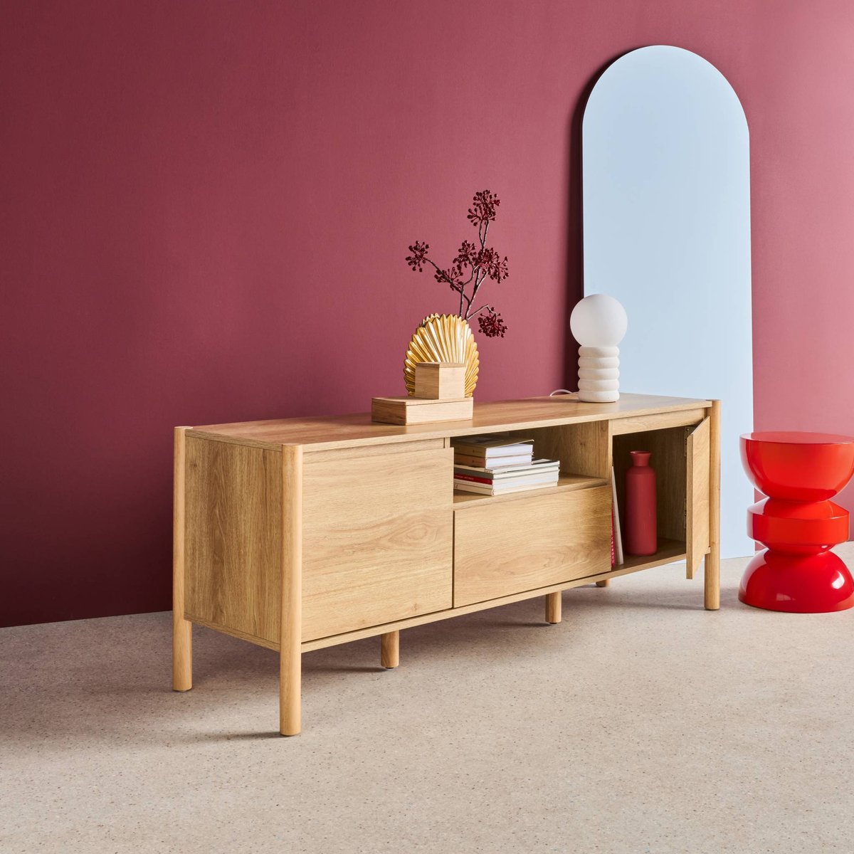Meuble TV décor bois 2 portes 1 tiroir 140cm HARMONY naturel, SWEEEK