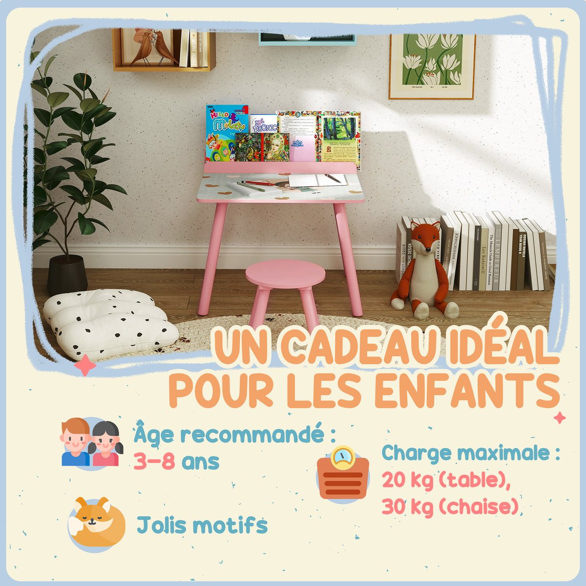 Ensemble table et chaises pour enfants MDF rose, AIYAPLAY