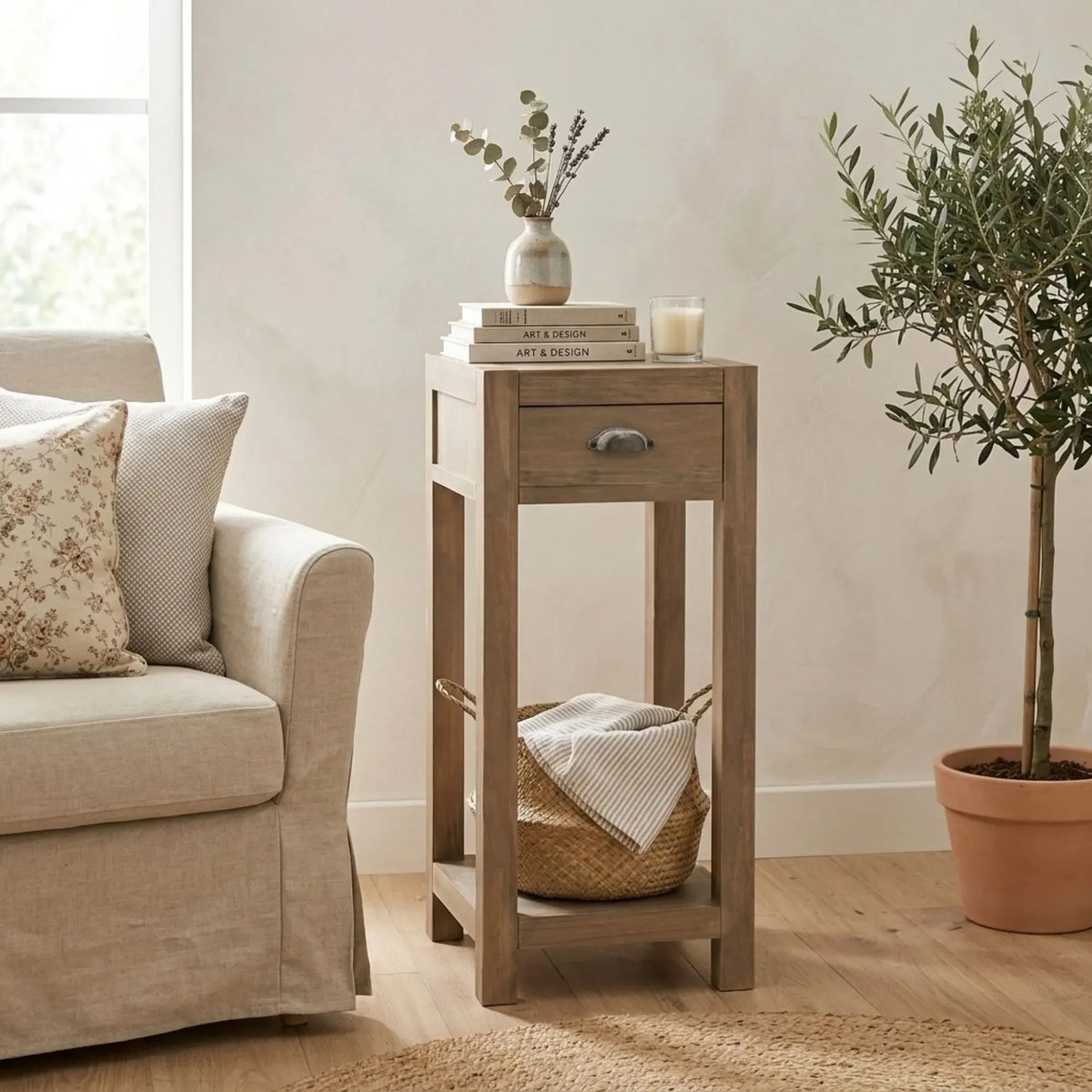 Table d'appoint en bois naturel avec tiroir et tablette H90 - BASTIDE bois clair, HELLIN, DEPUIS 1862