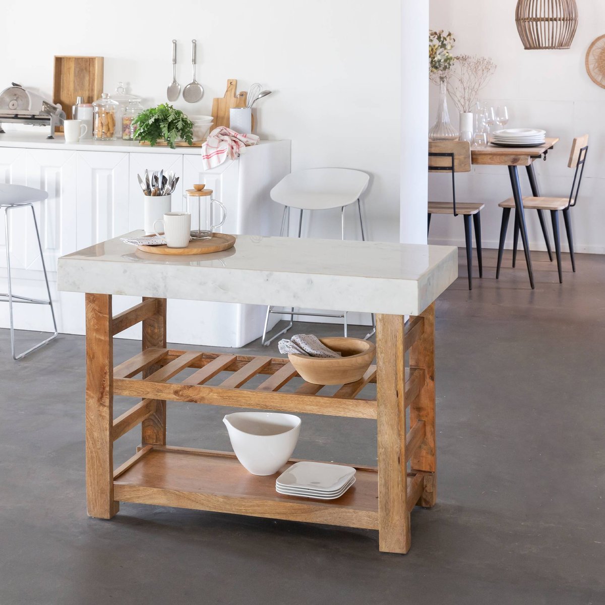 Billot en bois massif et marbre LOUCA blanc, MADE IN MEUBLES 