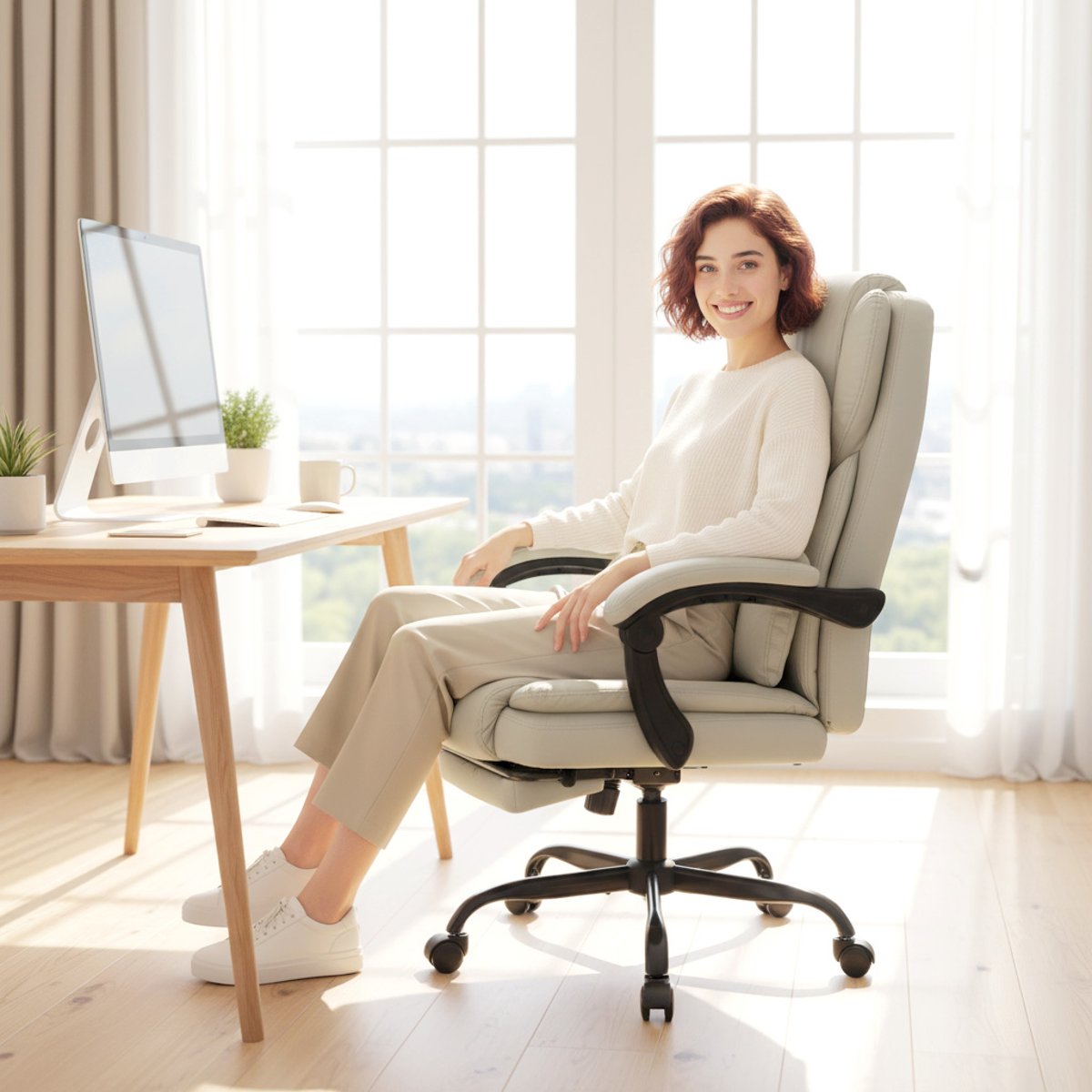 Chaise de bureau Cuir synthétique Beige marron, HOMCOM
