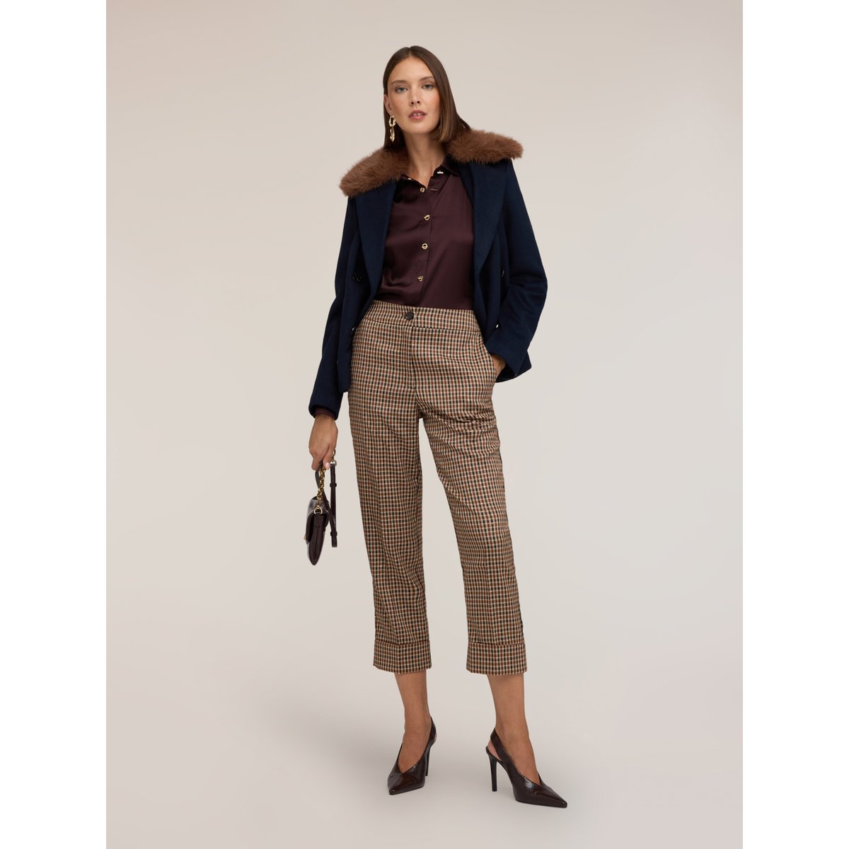 Pantalon court à motif à carreaux beige, MOTIVI