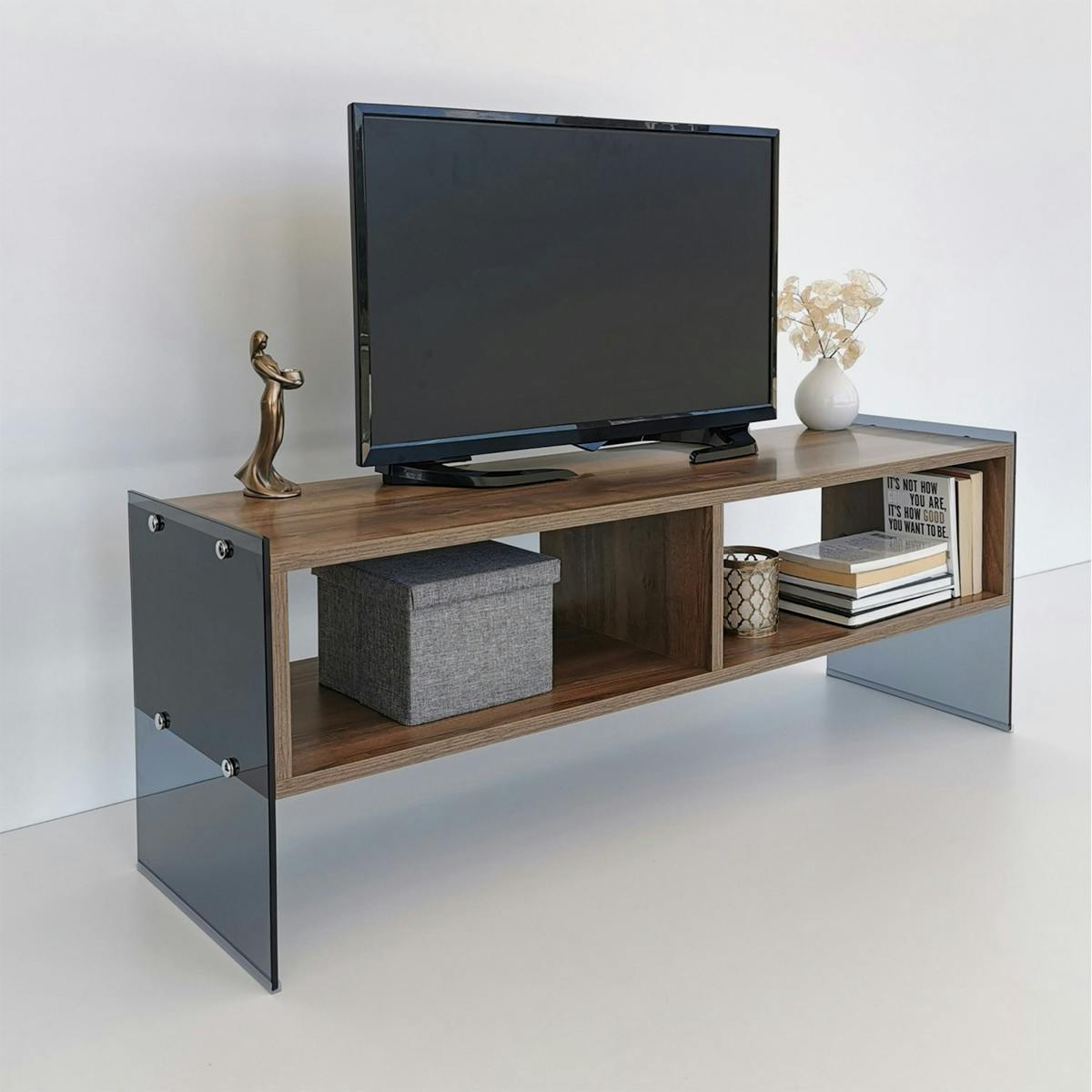 Meuble TV design 2 niveaux pieds verre SALTA fumé, PIER IMPORT
