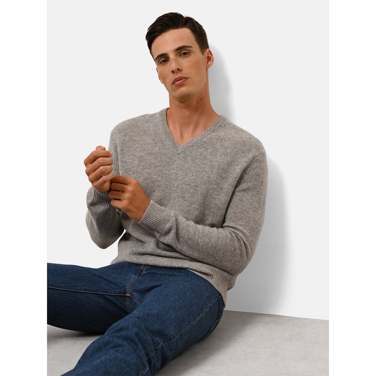 Pull Col V 4 Fils Nuage Chiné Nathan gris chiné, JUST CASHMERE