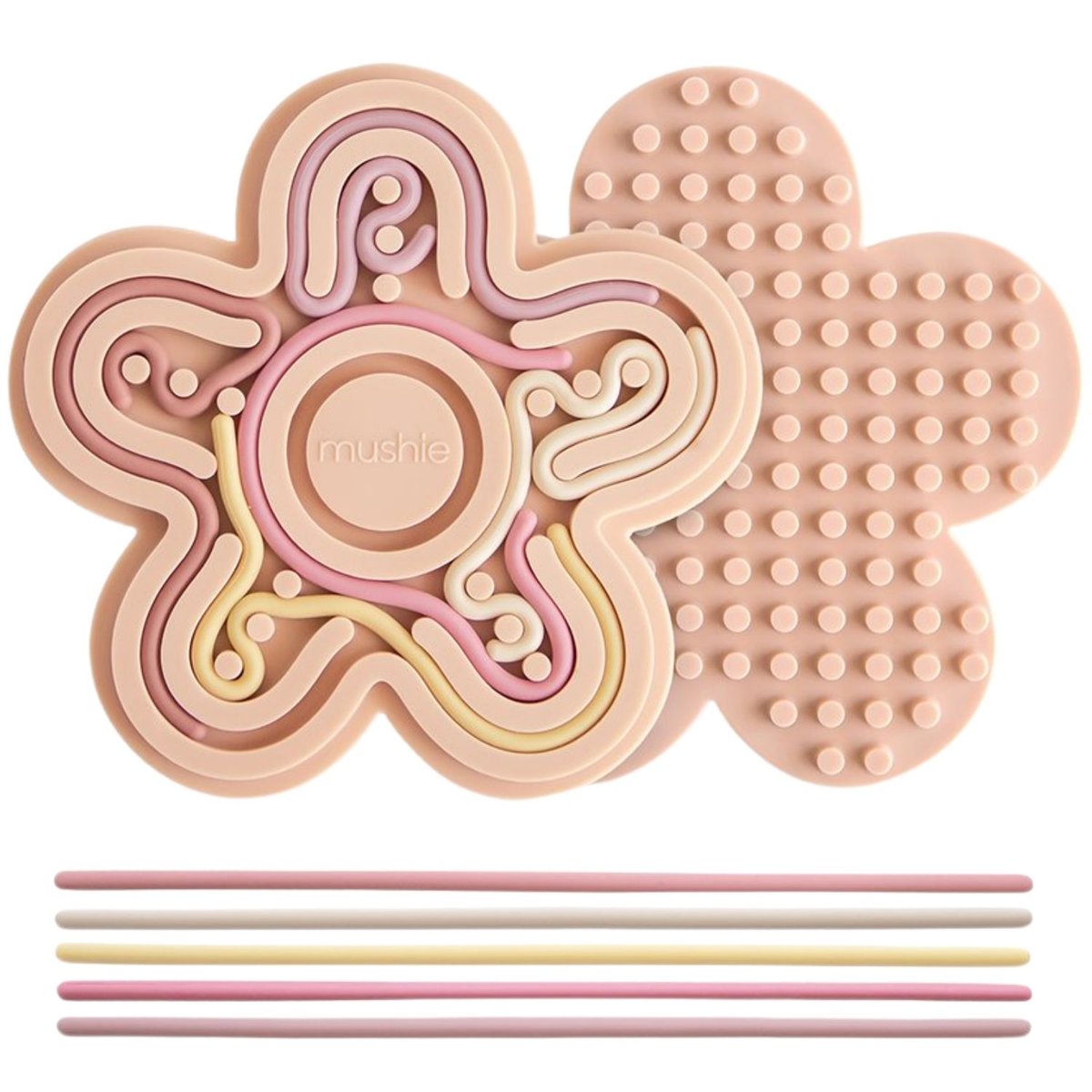 Jouet sensoriel en silicone rose, jaune, violet, MUSHIE