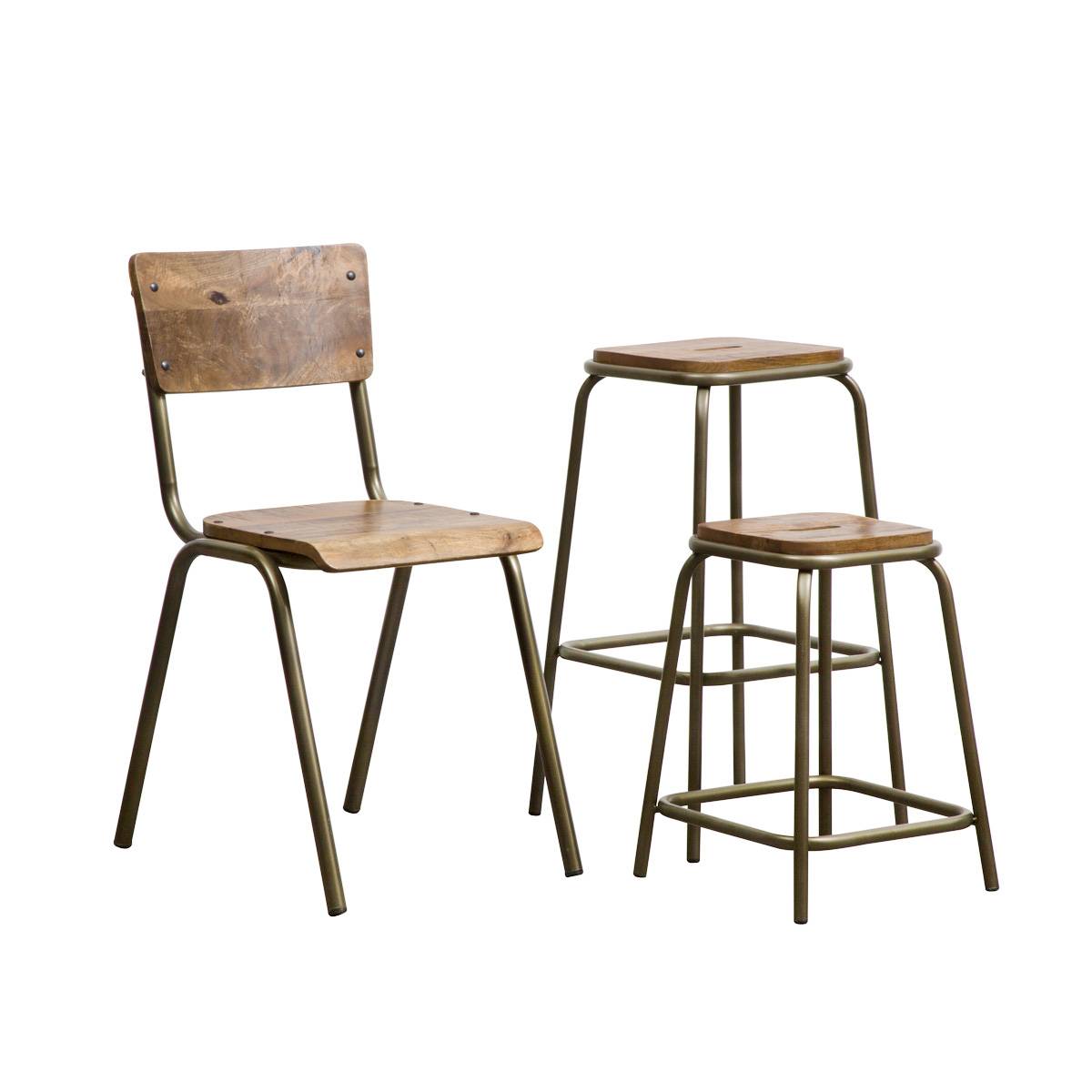 Tabouret en métal et bois massif MARCUS gris, MADE IN MEUBLES