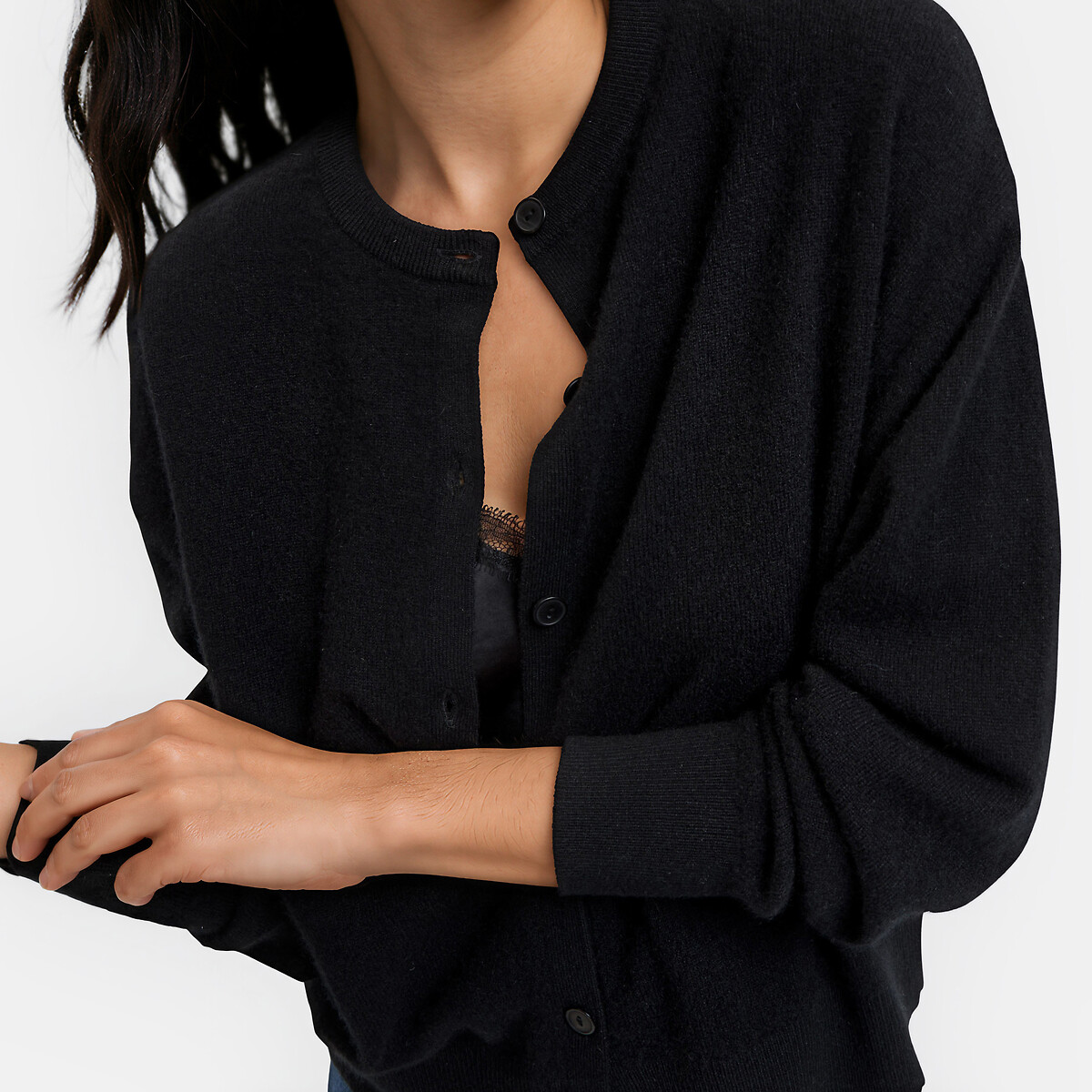 Cardigan en fine maille cachemire col rond noir, LA REDOUTE COLLECTIONS