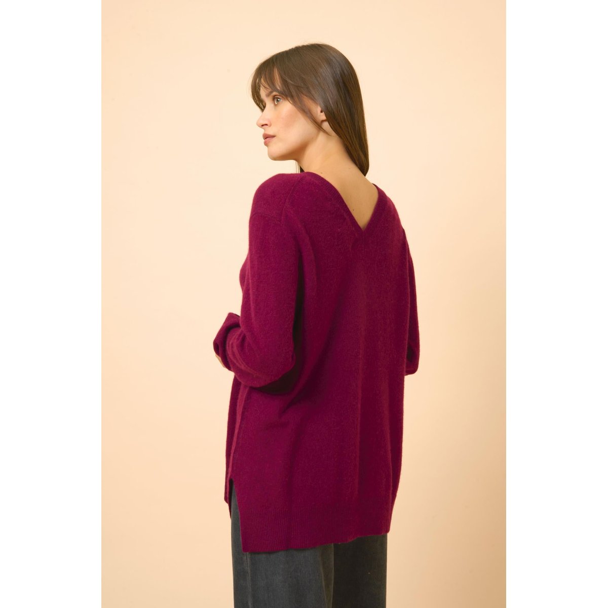 Pull Col V Devant Et Dos Bordeaux Opal bordeaux, JUST CASHMERE