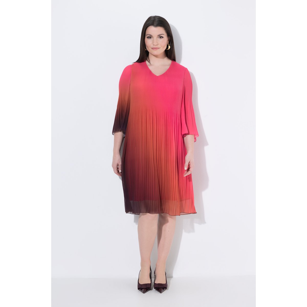 Robe plissée, dégradé, coupe A, col V rose vif fuchsia, ULLA POPKEN