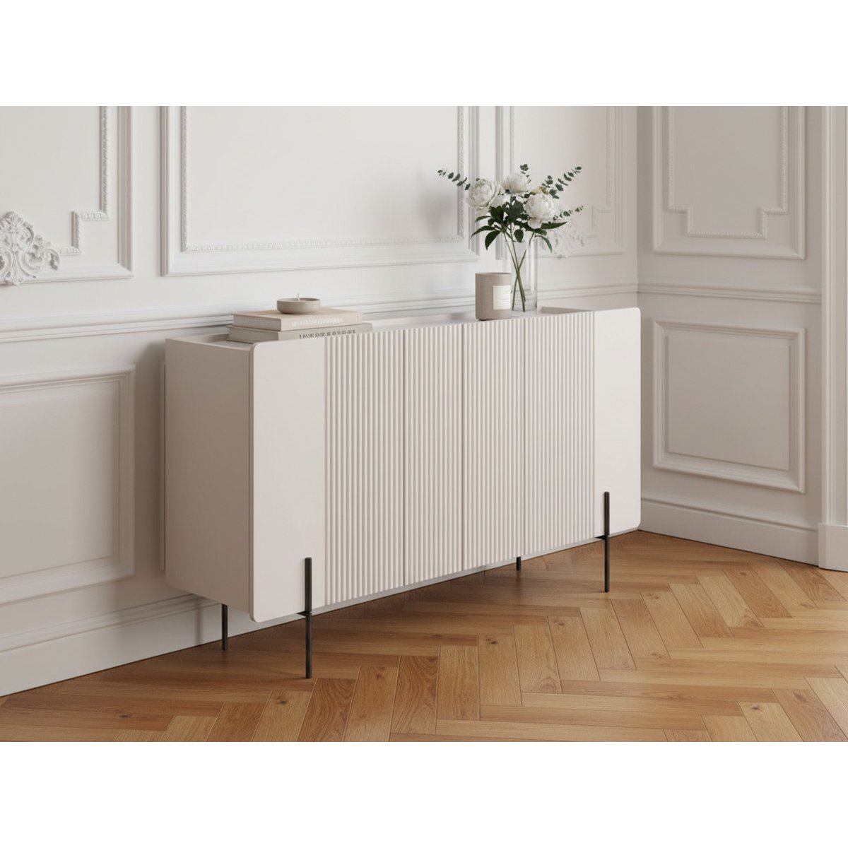 Buffet bas en panneaux de particules et MDF 4 portes 150 cm, MATHILDE beige, BOBOCHIC