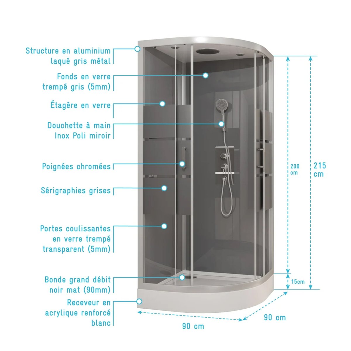 Cabine de douche ronde à bandes laquées gris clair, HOME MAISON