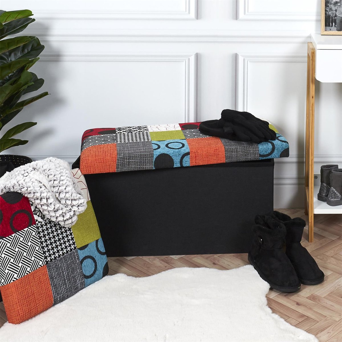 Coffre de rangement pliable patchwork multicolore, EDEN