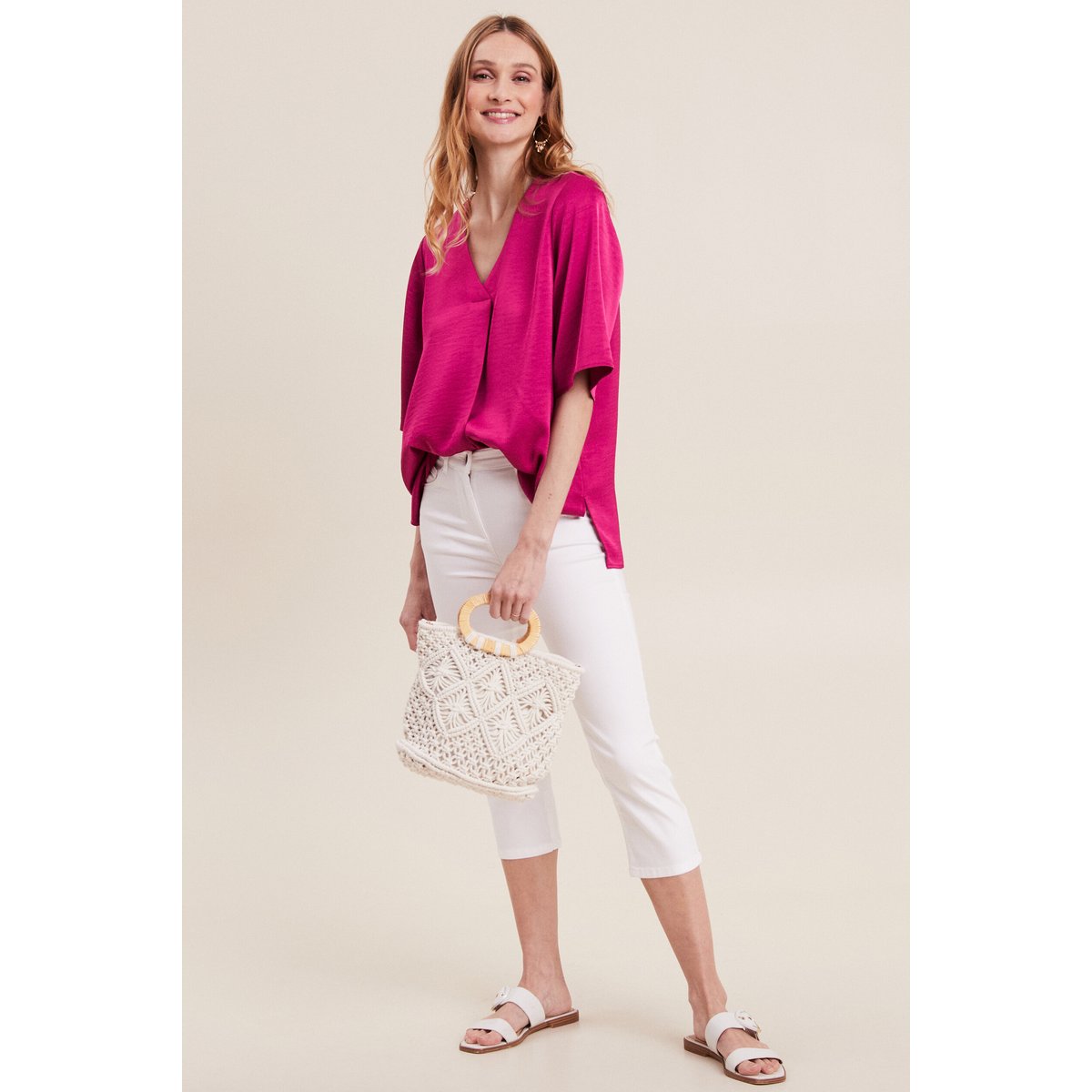 Blouse manches 3/4 satin rose fushia, BREAL