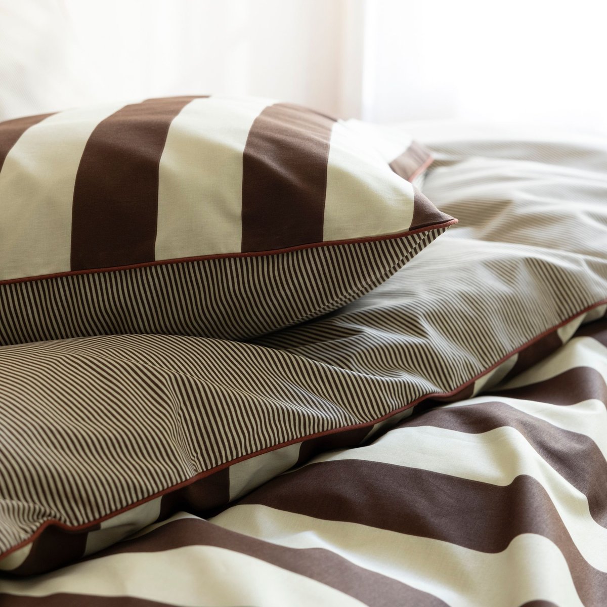 Parure de lit coton rayure  - NOVA marron, TERRE DE NUIT