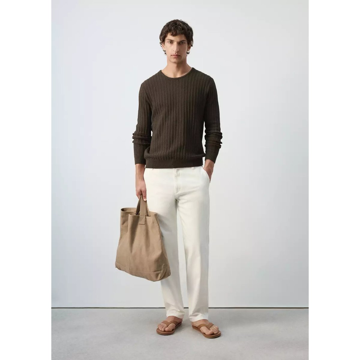 Pull en mélange de coton et lin côtelé marron, MANGO MAN