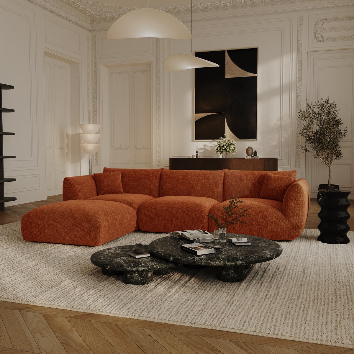 Canapé d'angle modulable 6 places en velours chenillé NOOMA terracotta, SIA HOME
