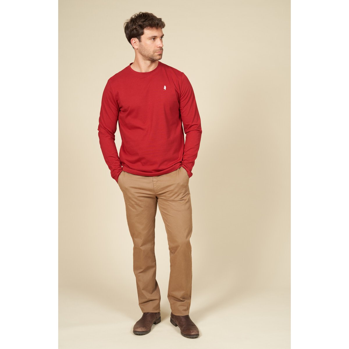 T-shirt manches longues uni col rond rouge, MCS