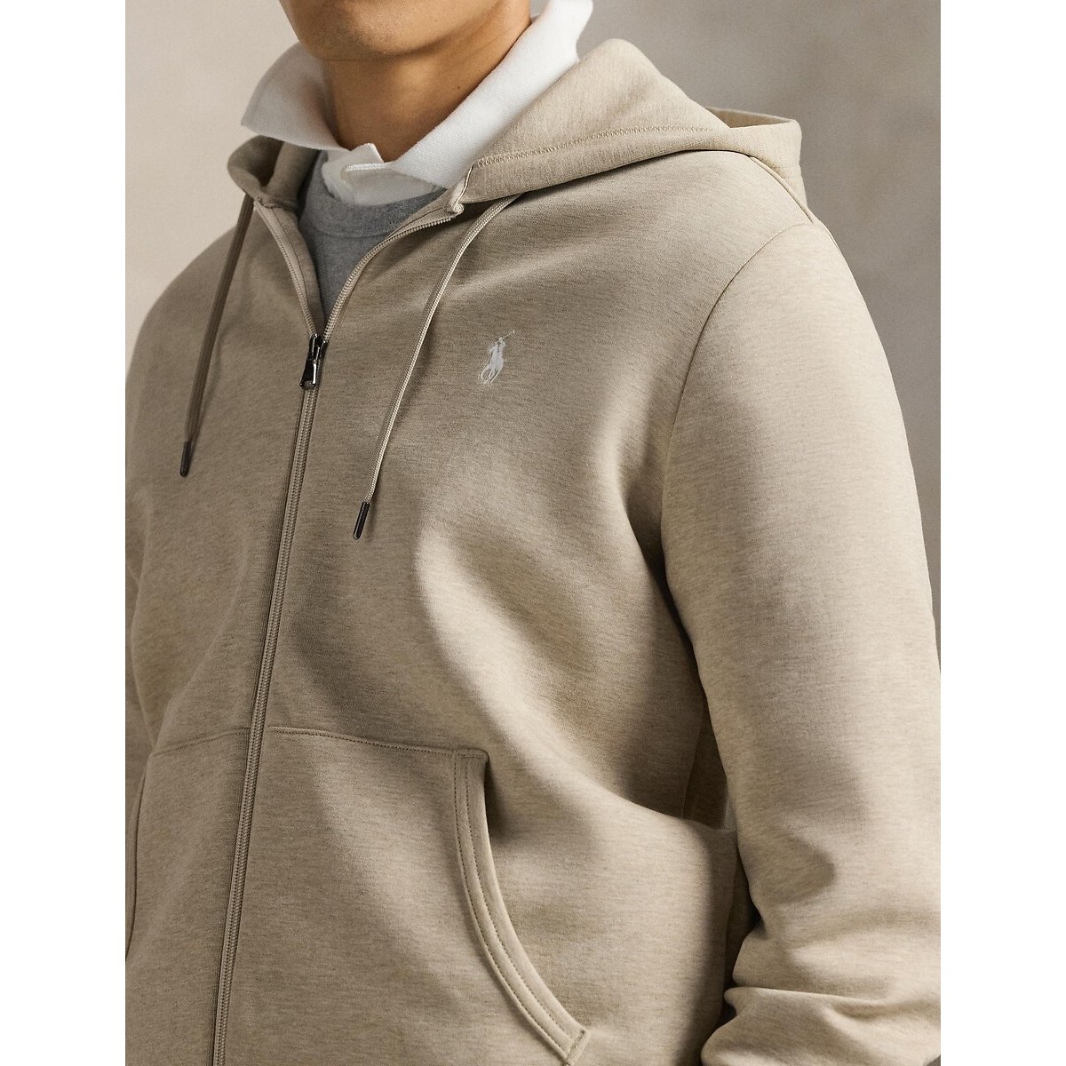 Sweat à capuche zip en Double Knit Tech beige chiné, POLO RALPH LAUREN