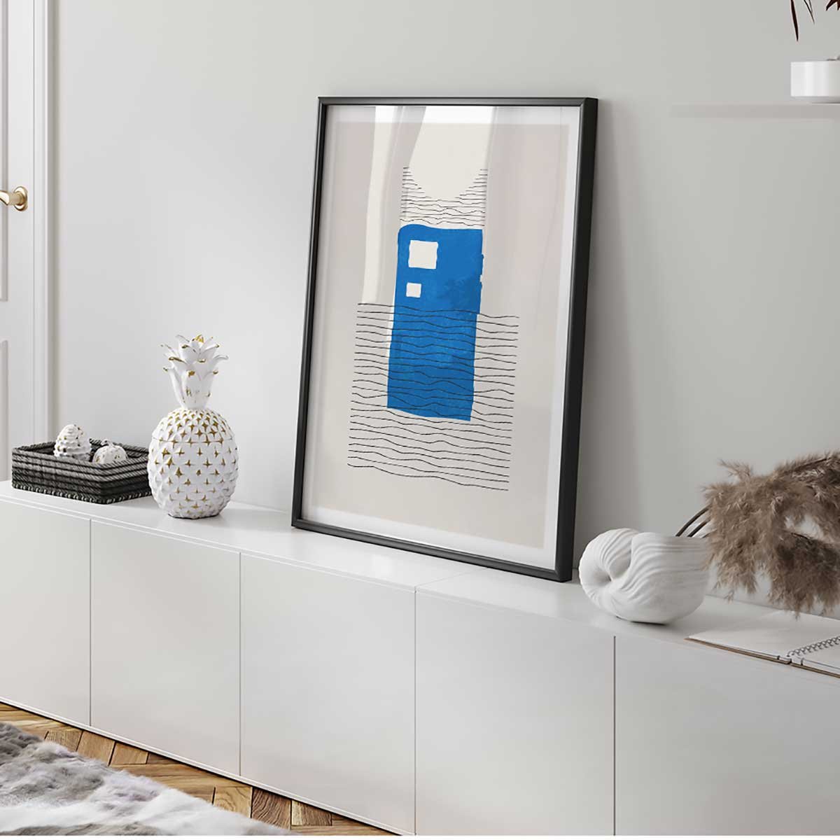 Affiche encadrée maison abstraite bleue affiche + cadre en métal - noir, HEXOA