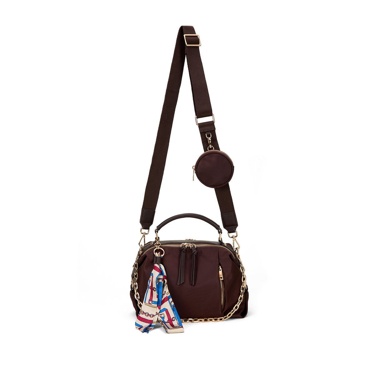 Sac à bandoulière avec foulard, chaîne et mini pochette marron, OLTRE