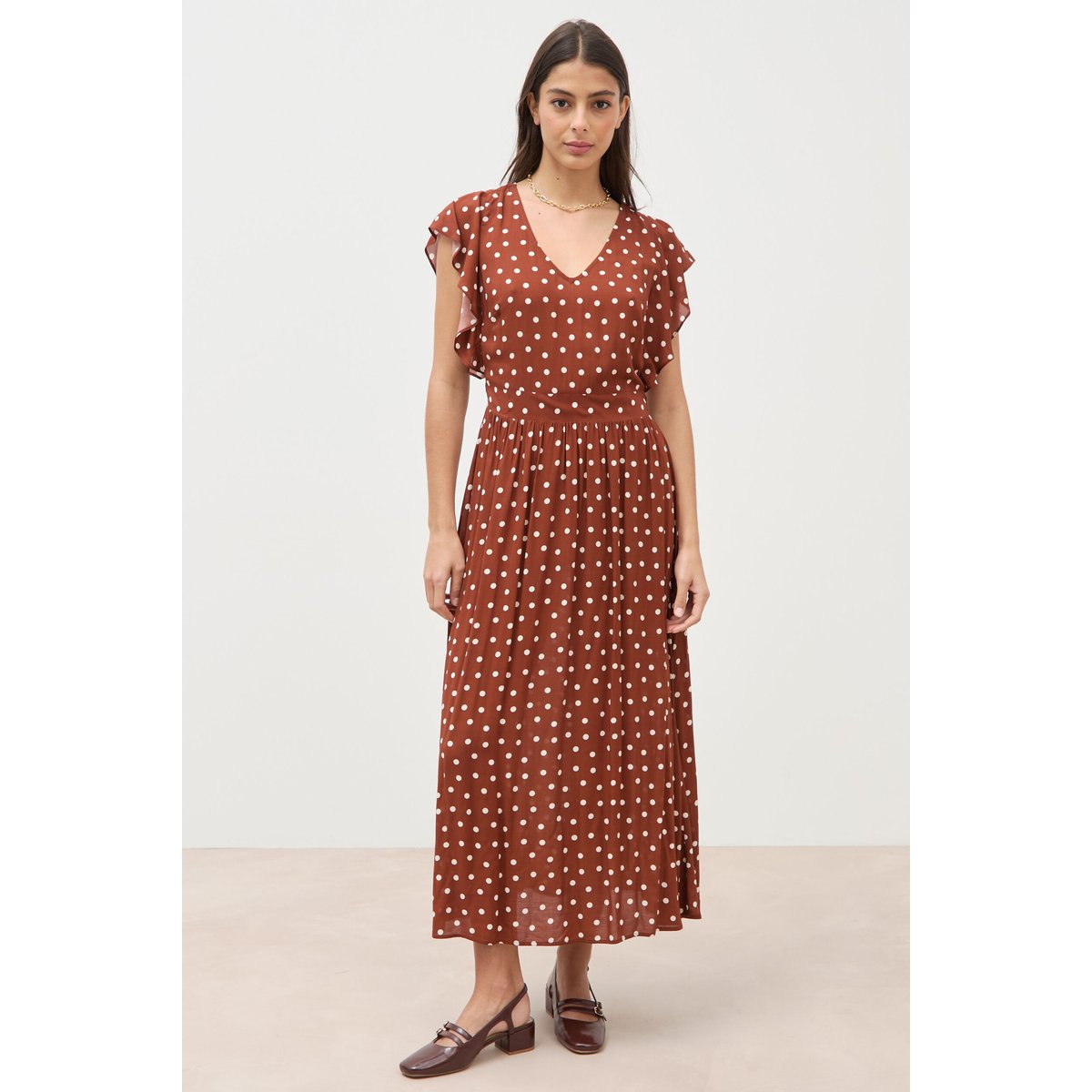 Robe longue évasée col v manches courtes marron cognac, BONOBO