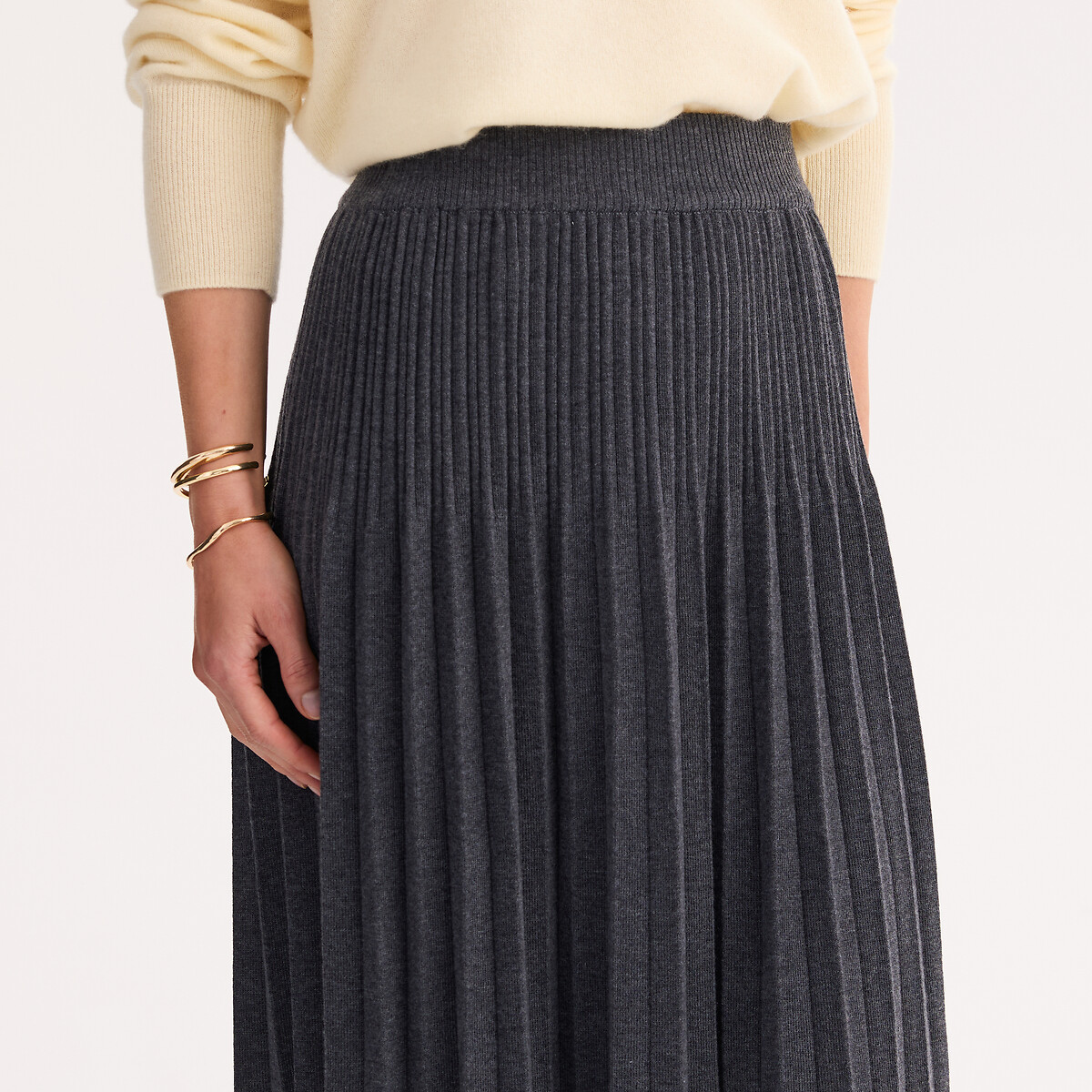 Jupe plissée en maille longueur midi gris anthracite, ANNE WEYBURN