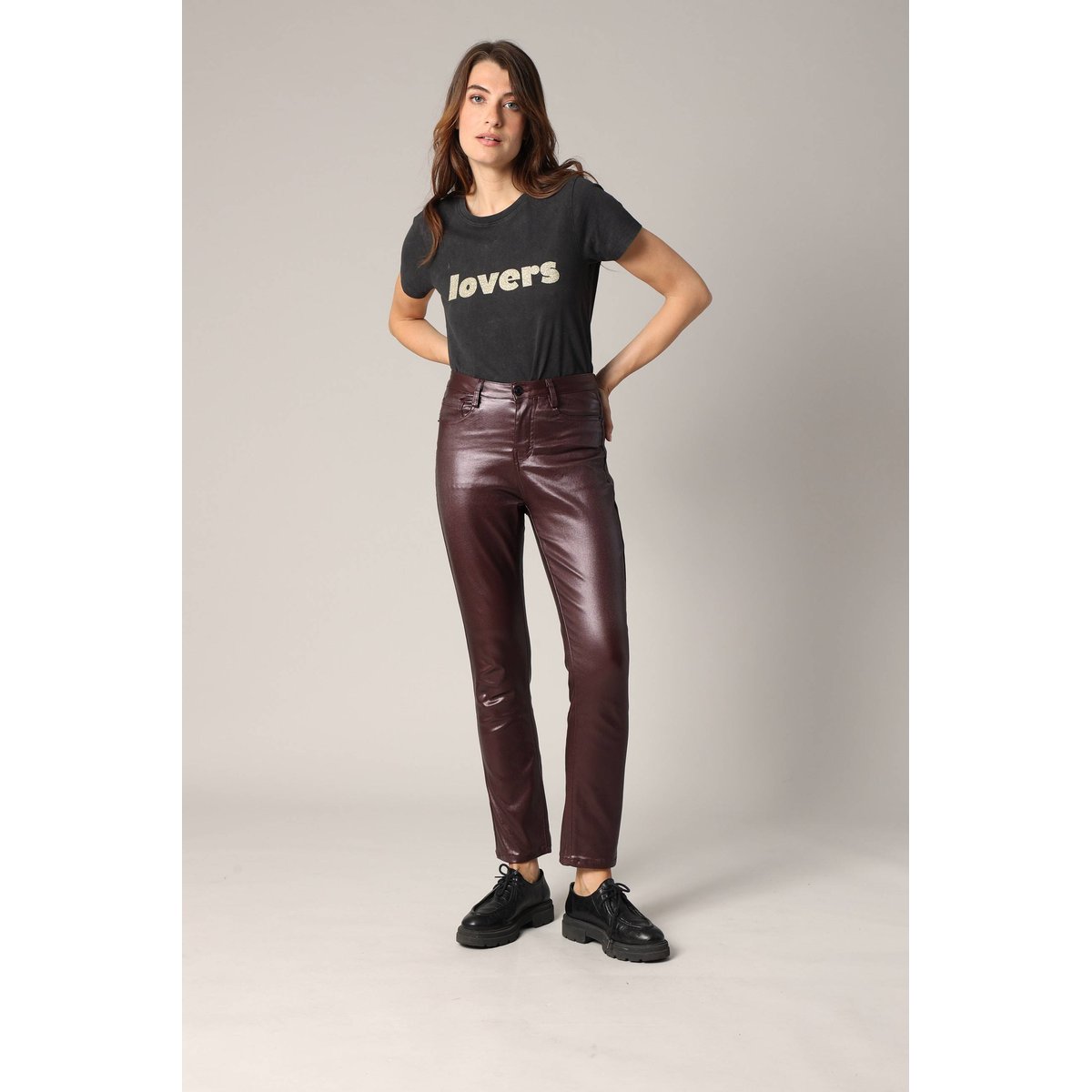 Pantalon slim taille haute, effet métallisé LYSIE plum, DEELUXE