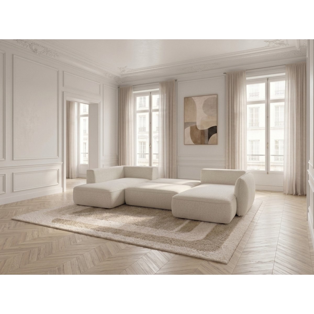 Canapé d'angle convertible 5 places en tissu chenille, ESMEE blanc, BOBOCHIC