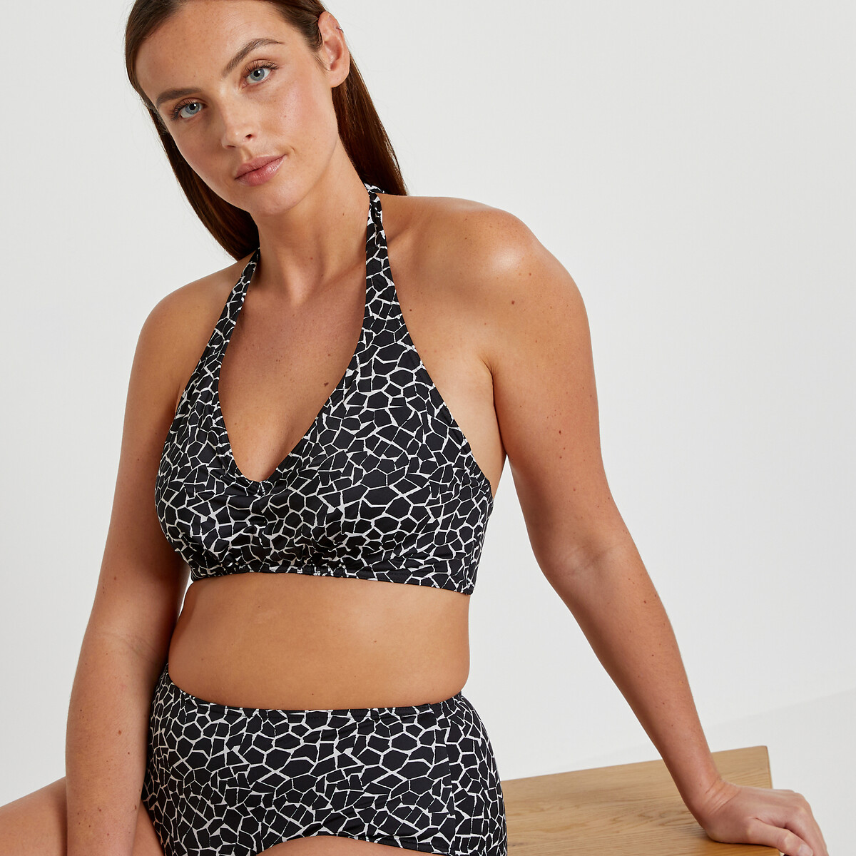 Halterneck Bikini Top in Animal Print geometric print, LA REDOUTE COLLECTIONS PLUS