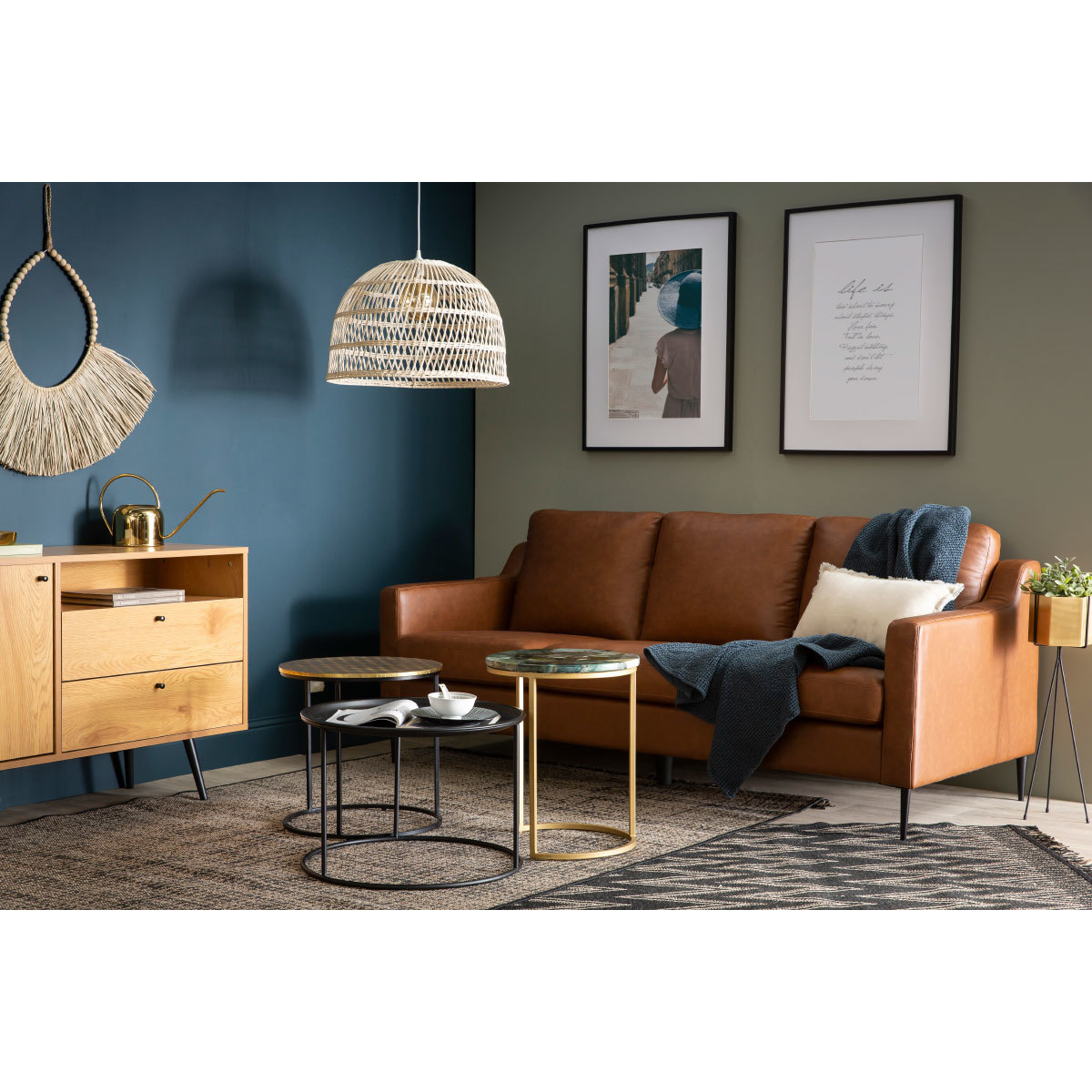 Canapé vintage 3 places cuir marron et bois noir OXMO marron, MILIBOO