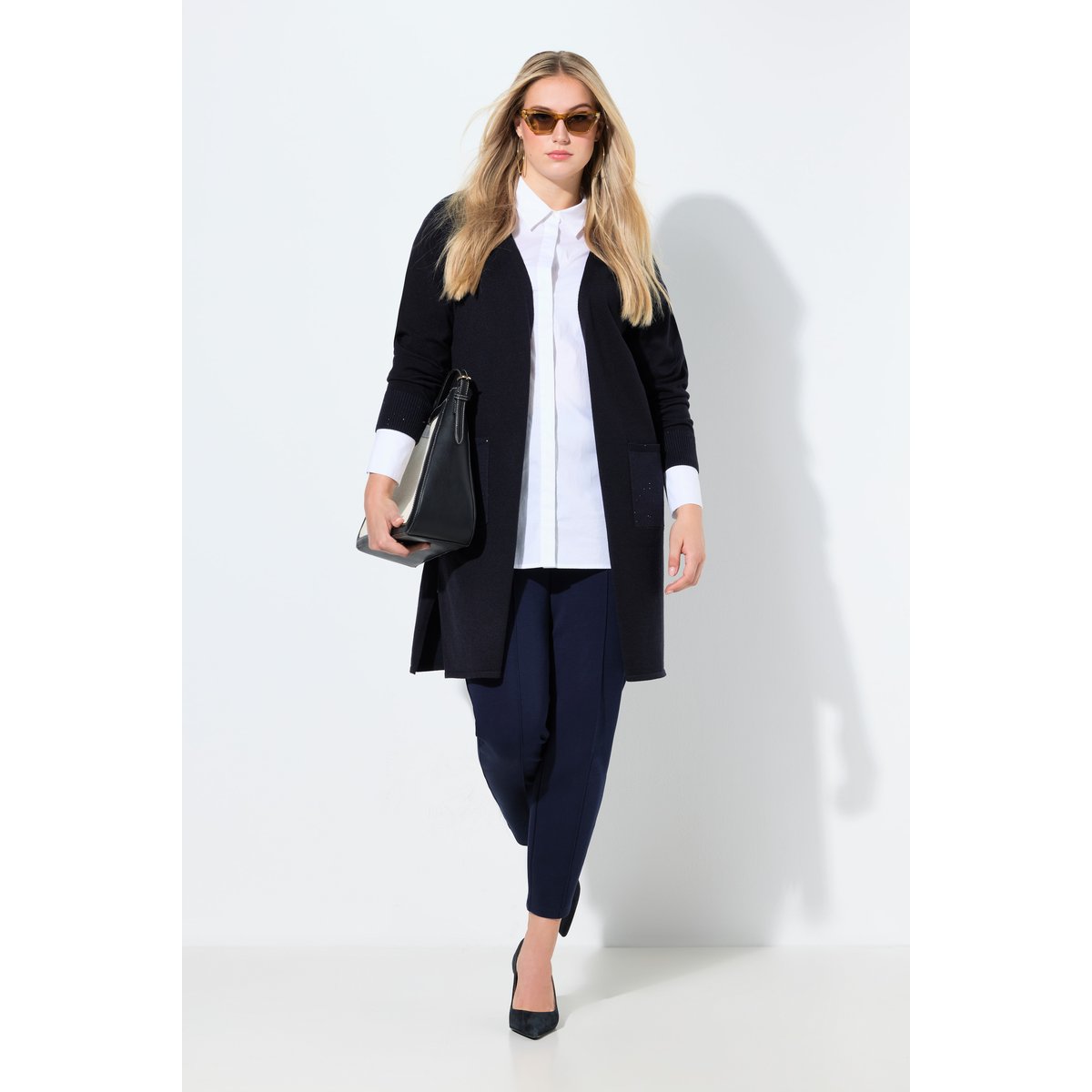Cardigan encolure en V et manches longues marine, ULLA POPKEN
