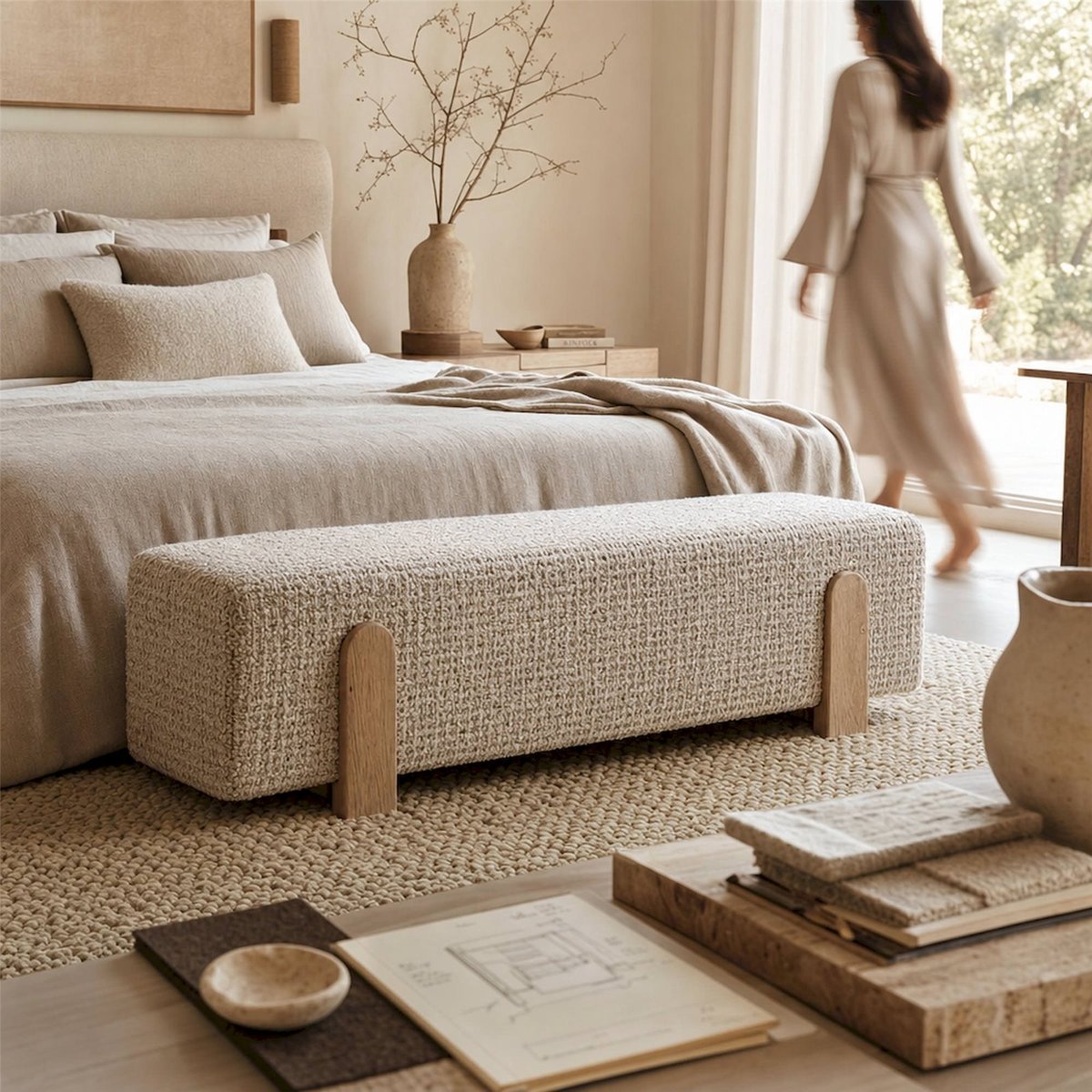 Banquette bout de lit en laine beige et bois marron, RECOLLECTION
