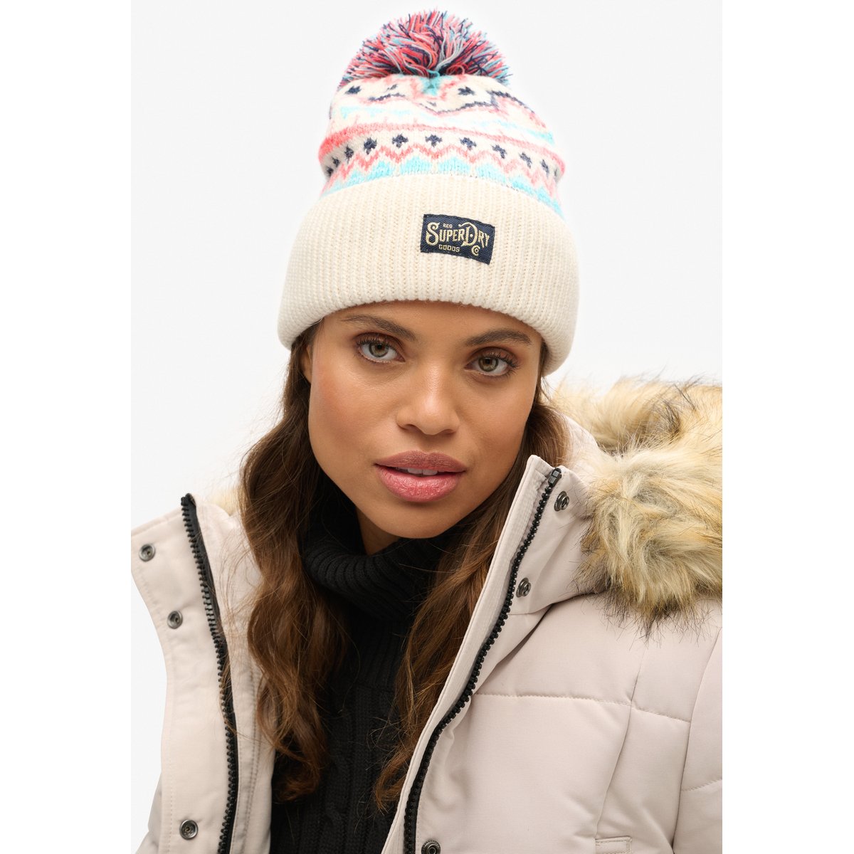 Bonnet en maille à motifs multicolore écru insulaire, SUPERDRY