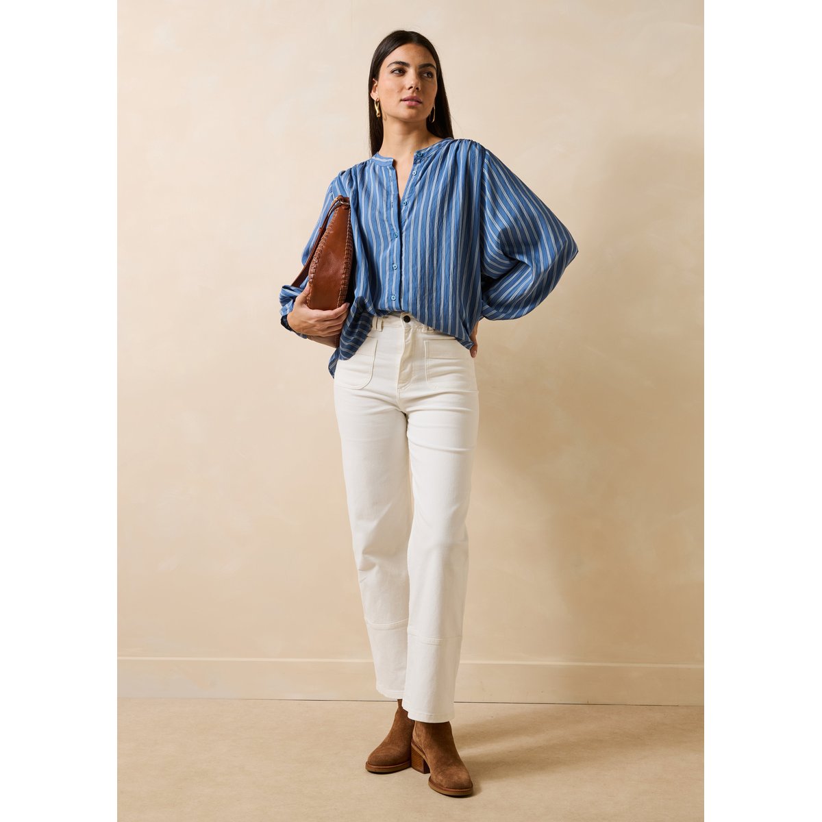 Chemise à rayures manches longues col mao bleu, LA FEE MARABOUTEE