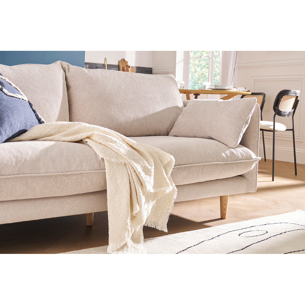 Canapé scandinave 3 places en tissu effet velours texturé beige et bois clair CLAYTON beige, MILIBOO