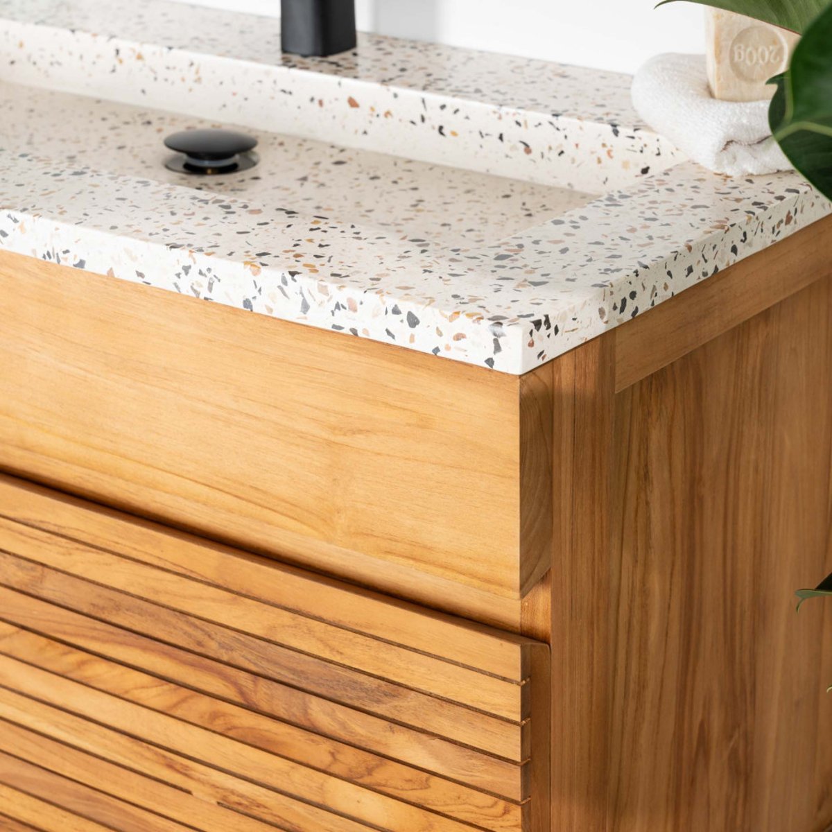 Meuble salle de bain en teck et terrazzo crème Aktual 90cm crème, WANDA COLLECTION