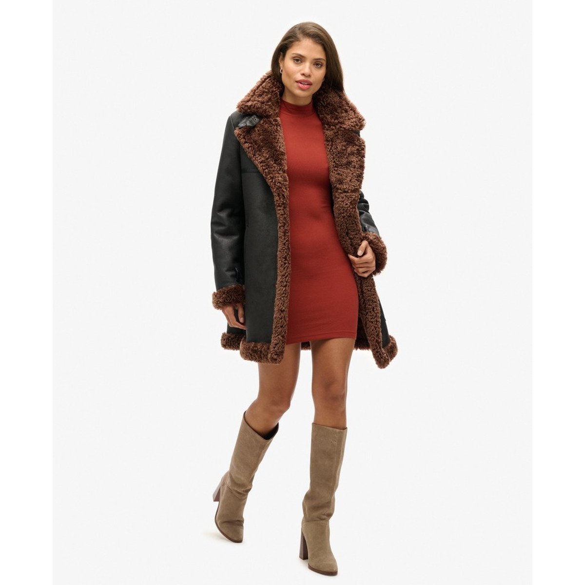 Robe courte en jersey à col cheminée rouge argile, SUPERDRY
