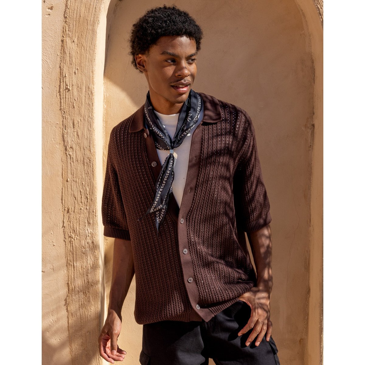 Chemise manches courtes tricot marron foncée, BZB