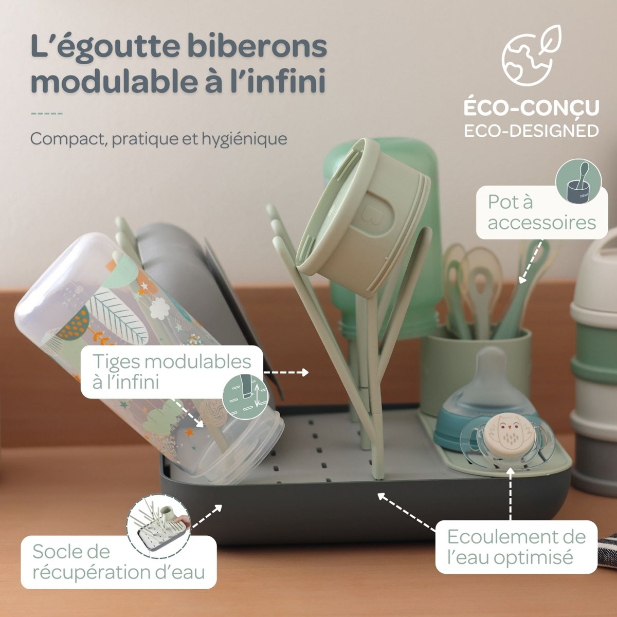 Egoutte biberons grande capacité modulable et évolutif misty, mineral, BEABA