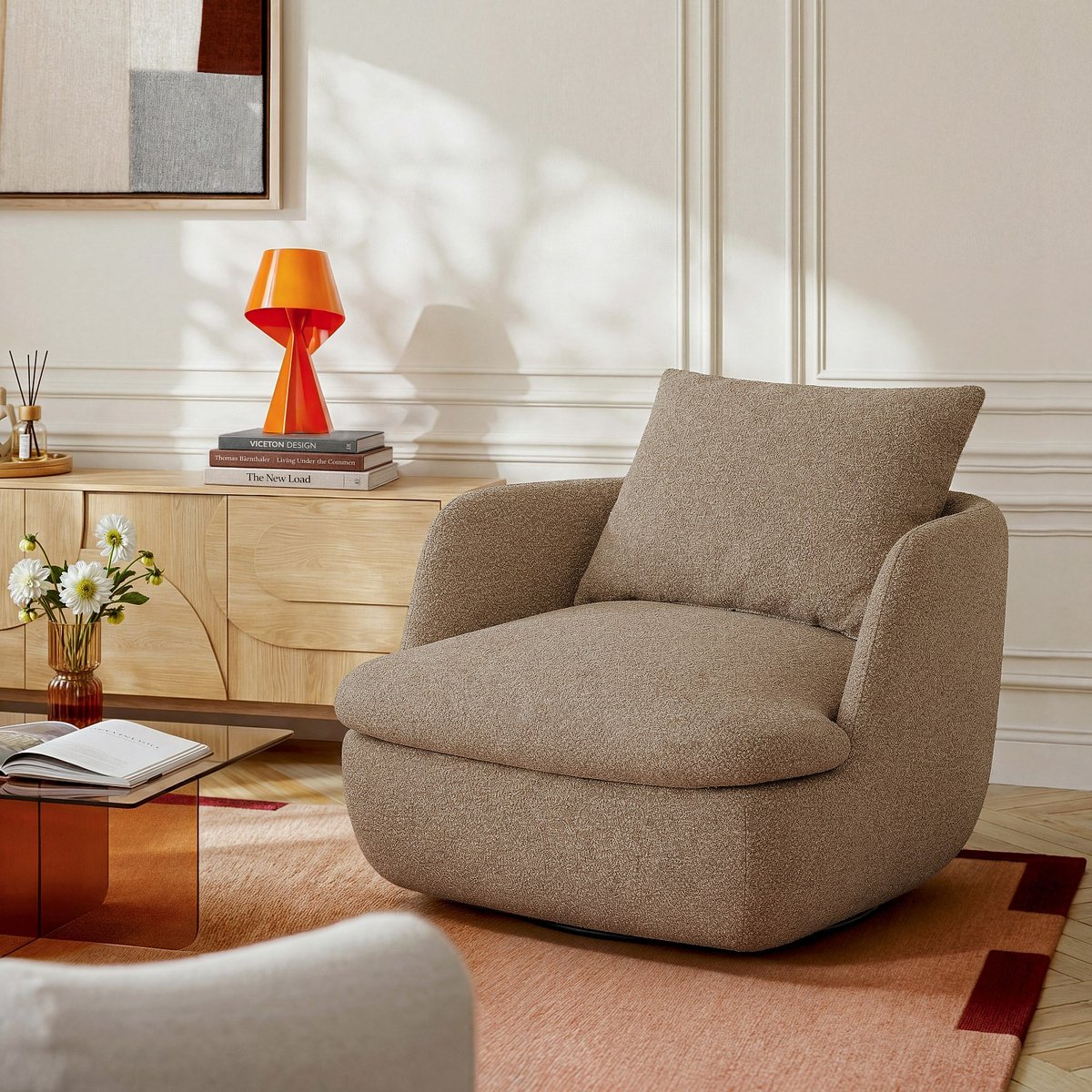 Fauteuil pivotant en tissu bouclette MONZA marron, HABITAT