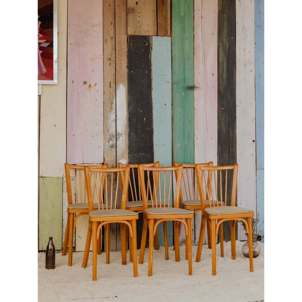 Lot de 6 chaises Baumann en bois Claude N°1387 - Bon état bois clair, DEBONGOUT