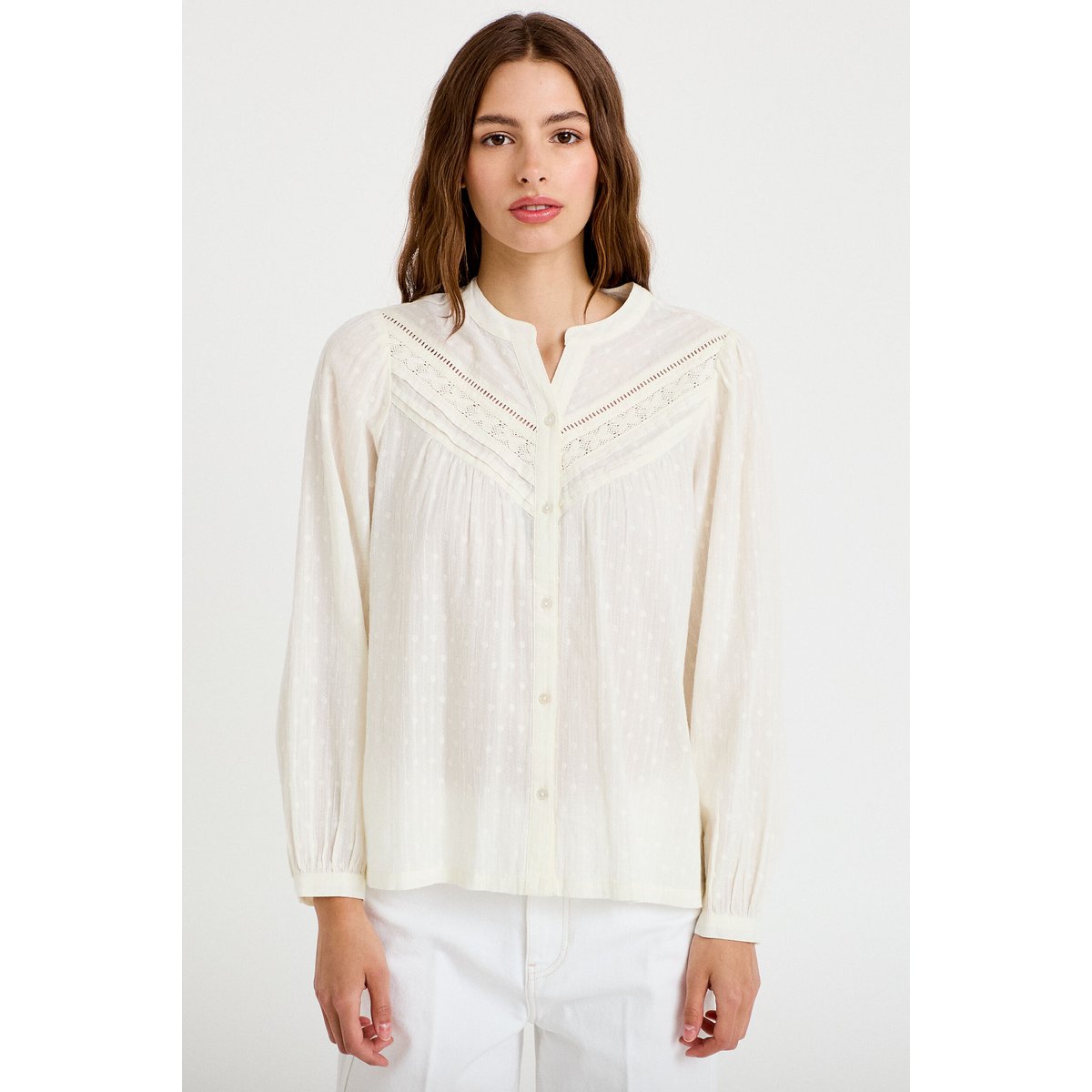 Blouse droite col rond manches longues ecru, CACHE CACHE