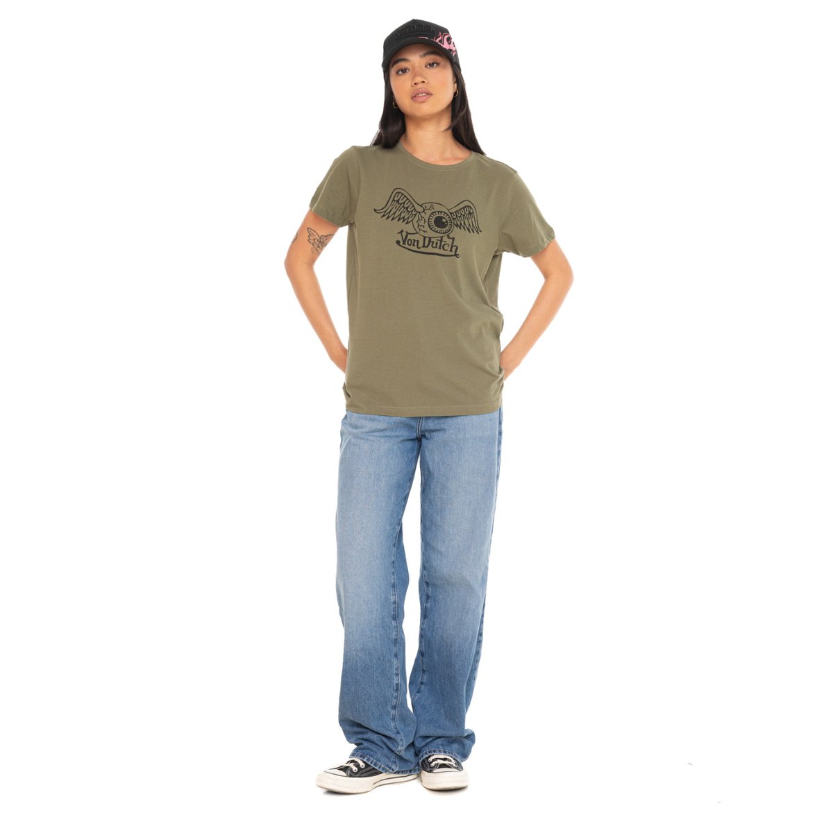 Tee shirt en coton Retro kaki/noir, VON DUTCH