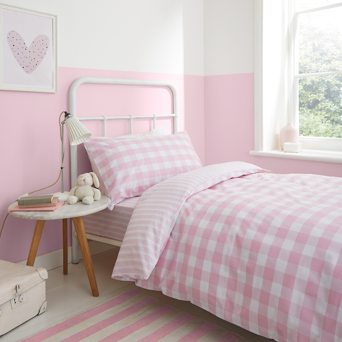 Check And Stripe 100% Cotton Duvet Cover and Pillowcase Set pink, BIANCA FINE LINENS
