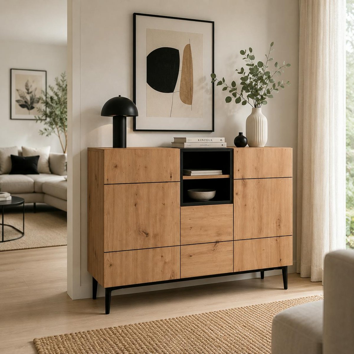 Buffet moderne 3 portes décor bois et noir ALVA bois naturel, PIER IMPORT