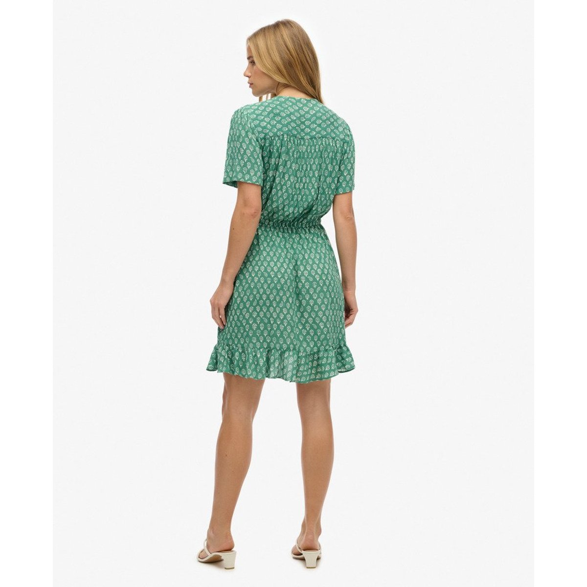 Robe portefeuille courte imprimée à manches courtes vert block floral, SUPERDRY