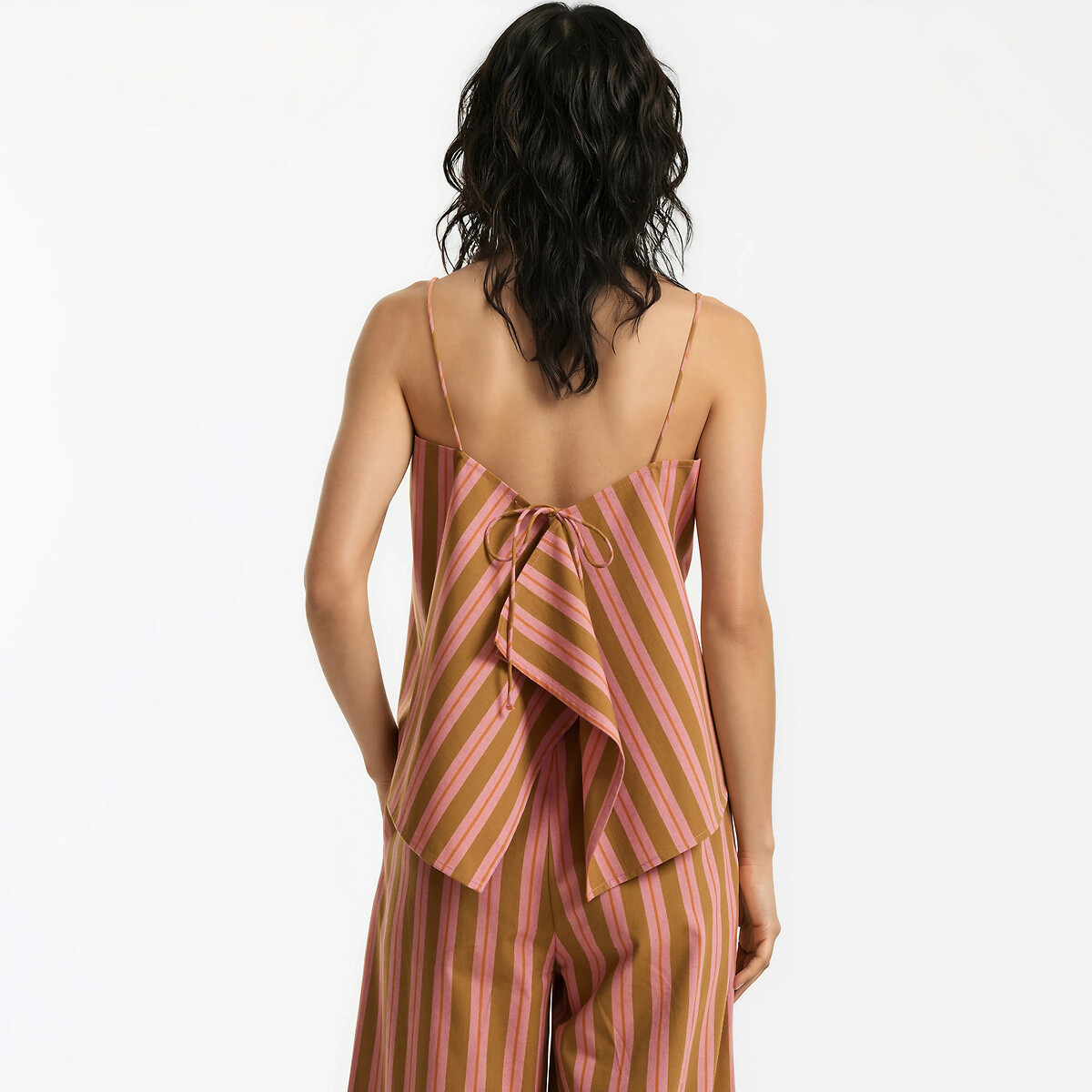 Striped Cotton Shoestring Strap Top pink/camel stripe, LA REDOUTE COLLECTIONS